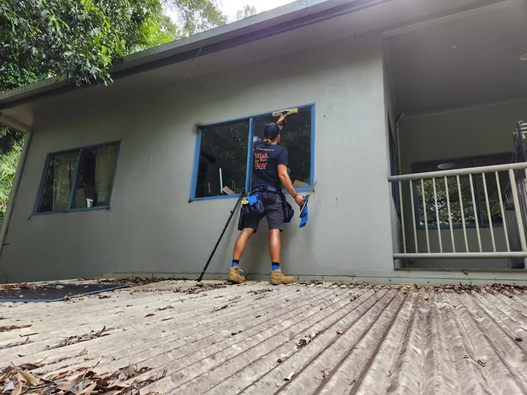 Wish You Were Clear technician using a pole system to reach upper-storey glass from the ground